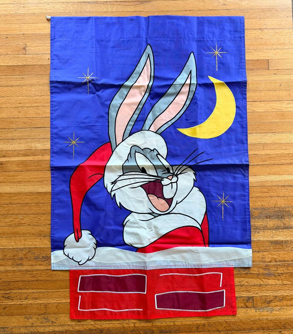 Vintage 1996 Bugs Bunny Christmas Flag - 42x28 Looney Tunes Santa Nylon Banner
